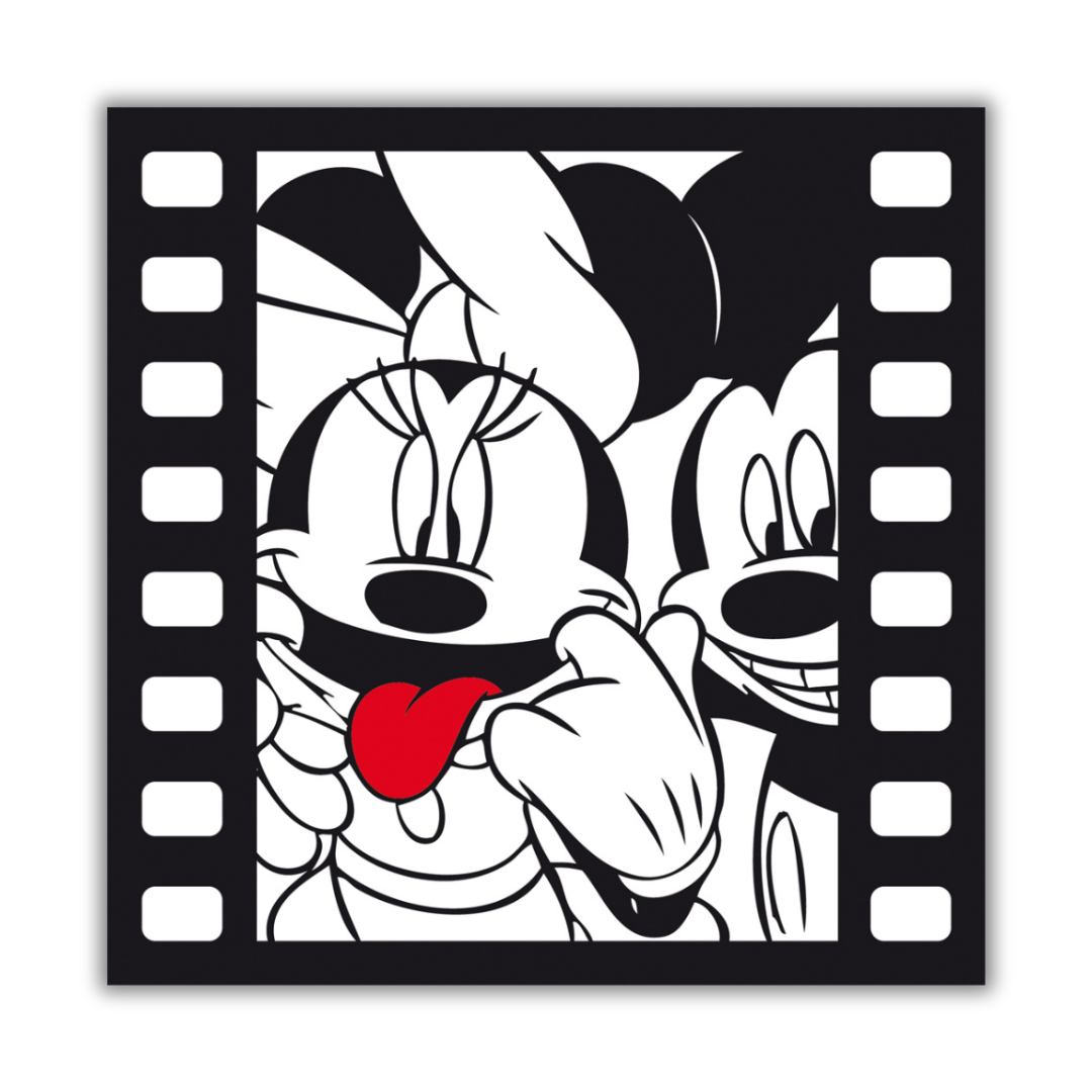 Quadro 'Keep Joking' mostra un ridente Mickey Mouse con Minnie che fa la lingua, perfetto per aggiungere un messaggio positivo e lo spirito Disney a qualsiasi spazio.