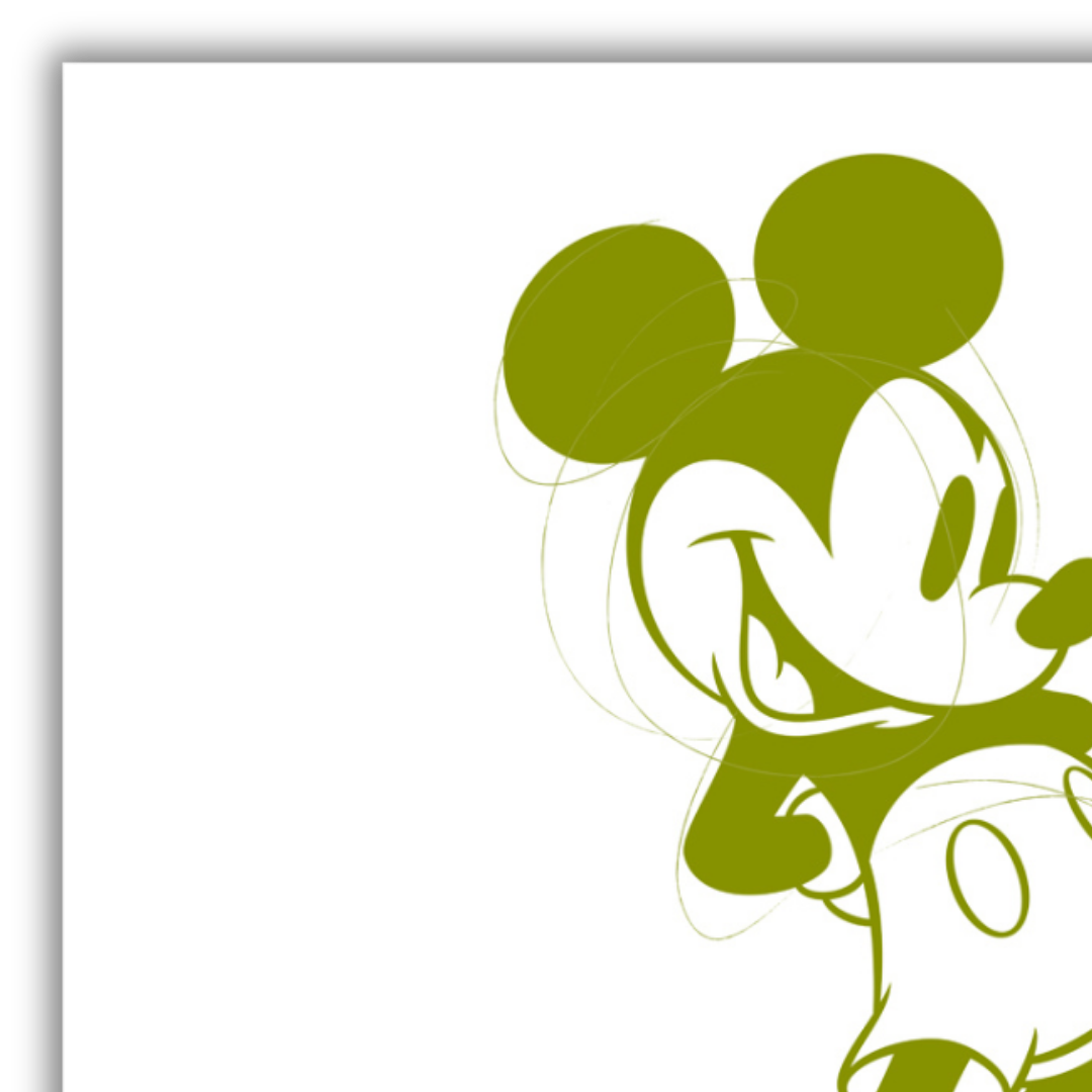 Dettaglio Quadro Opera d'arte Stylish 'Old Dark Green Mickey Mouse' art print, showcasing a modern take on the iconic Disney character in a sophisticated dark green palette.