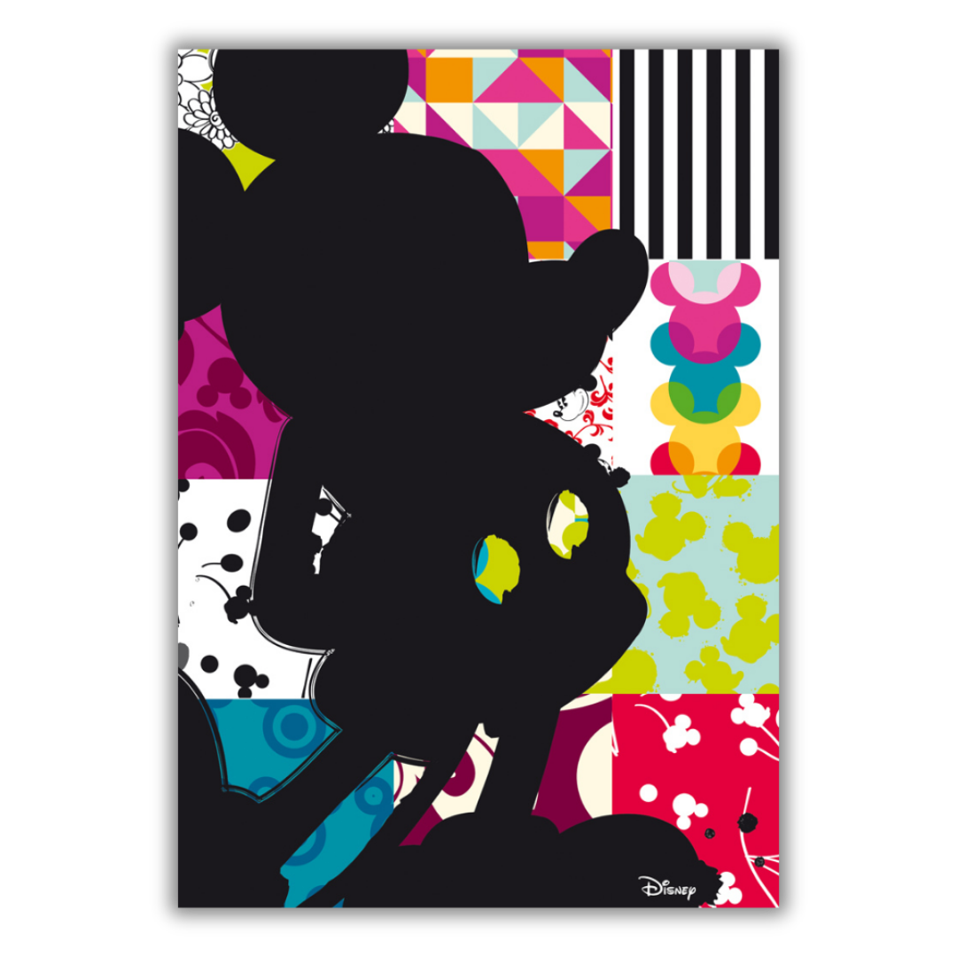 Quadro artistico di Topolino in stile patchwork con vari motivi geometrici e colori vivaci, intitolato 'Big Patchwork Mickey Mouse'.