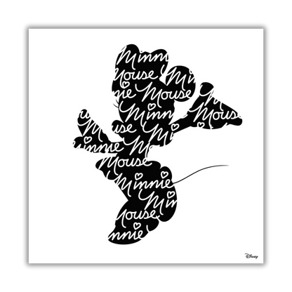 Quadro Opera d'arte 'PoP Art Black & White Minnie' che ritrae Minnie Mouse attraverso eleganti parole sovrapposte in stile tipografico in bianco e nero.