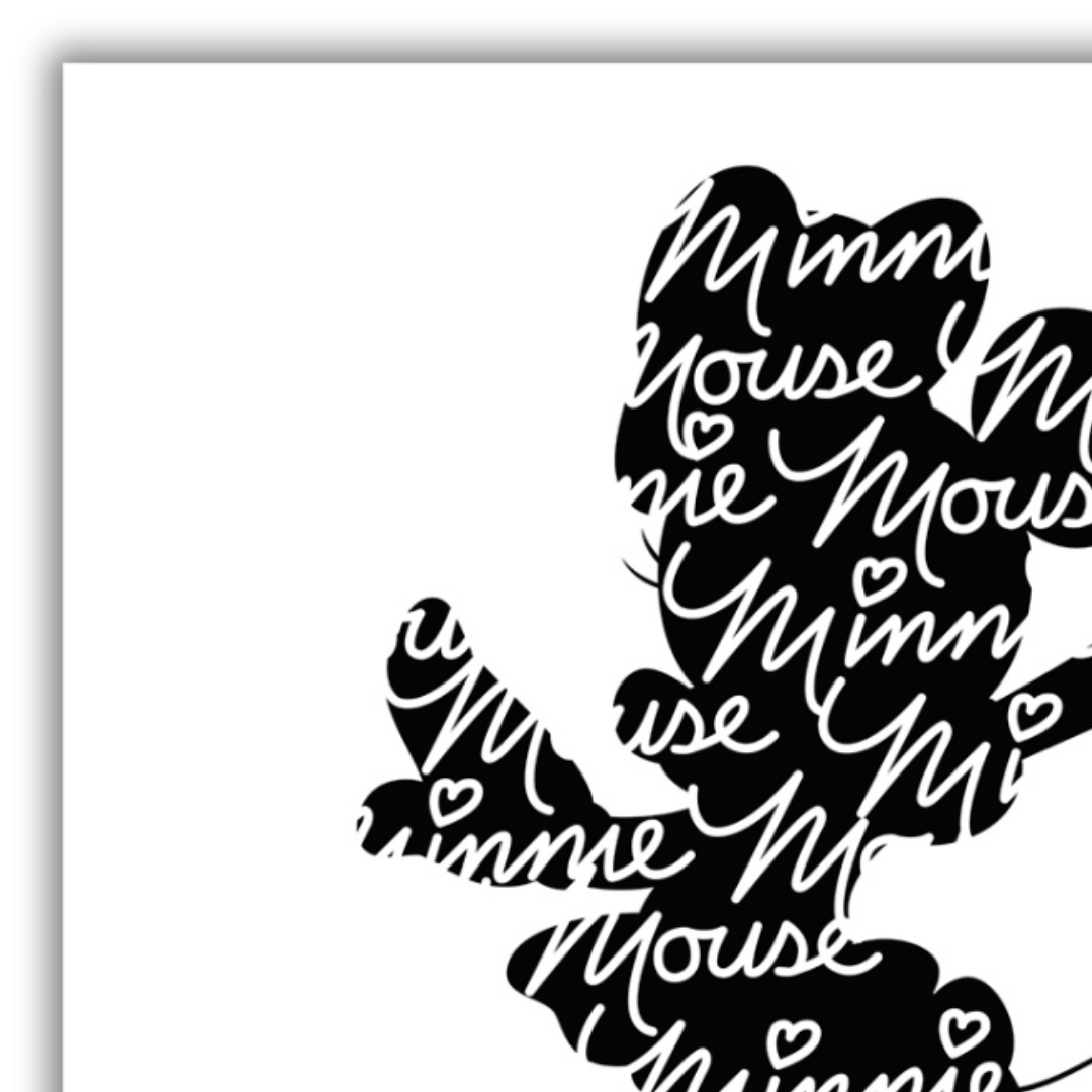 Dettaglio Quadro Opera d'arte 'PoP Art Black & White Minnie' che ritrae Minnie Mouse attraverso eleganti parole sovrapposte in stile tipografico in bianco e nero.