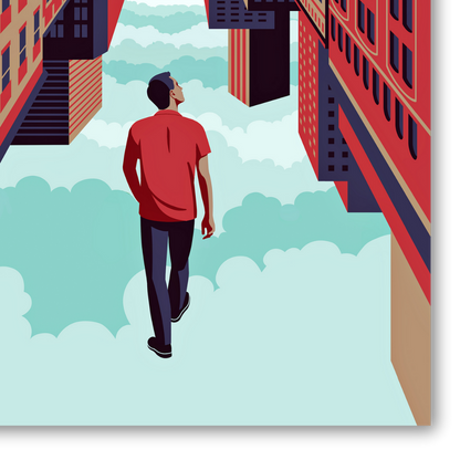 Dettaglio Quadro Upside-down World di Joey Guidone, un'arte che presenta un uomo che cammina tra gli edifici sospesi nel cielo, in un mondo capovolto che sfida le percezioni e invita alla riflessione.