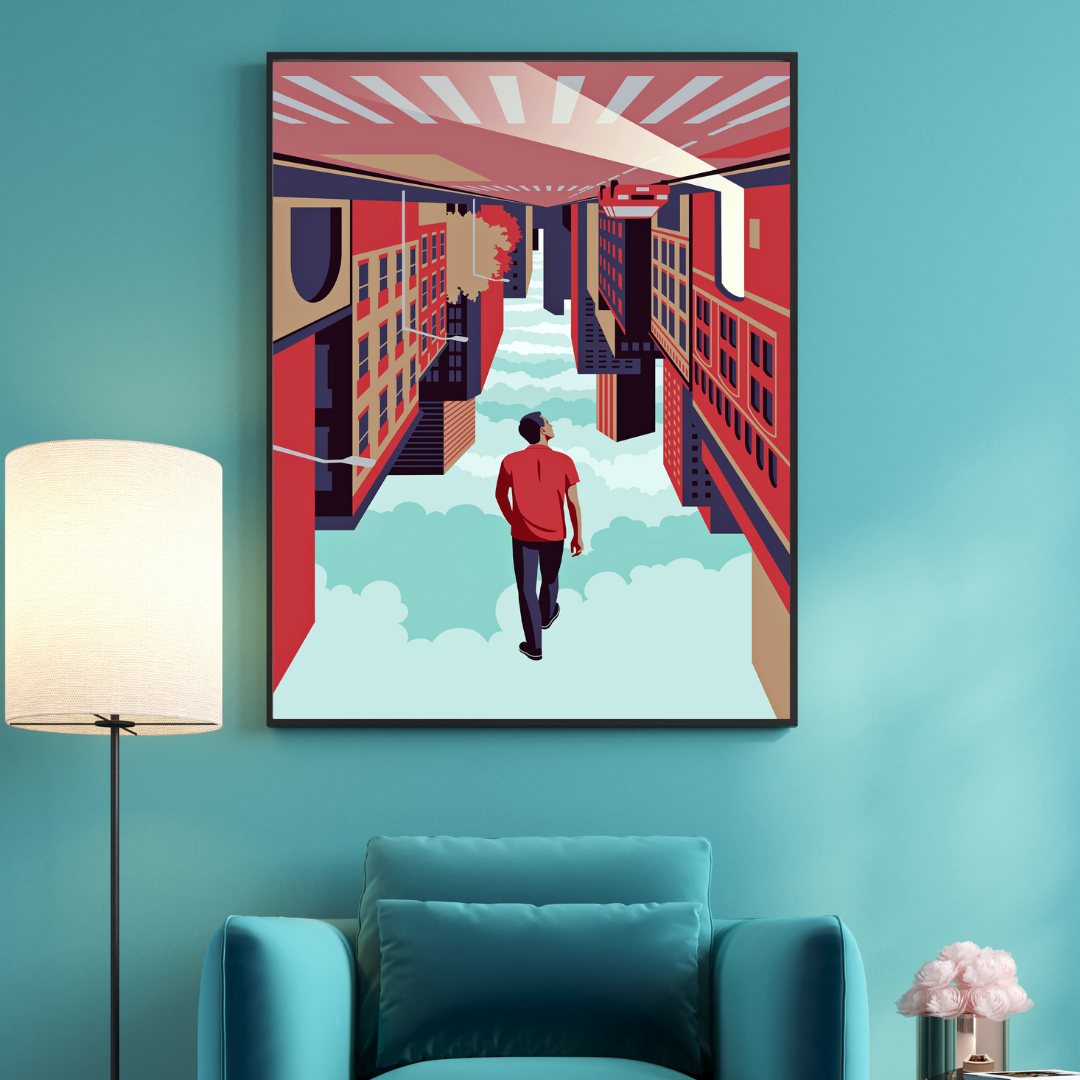 Ambientazione sala con Upside-down World di Joey Guidone, un'arte che presenta un uomo che cammina tra gli edifici sospesi nel cielo, in un mondo capovolto che sfida le percezioni e invita alla riflessione.