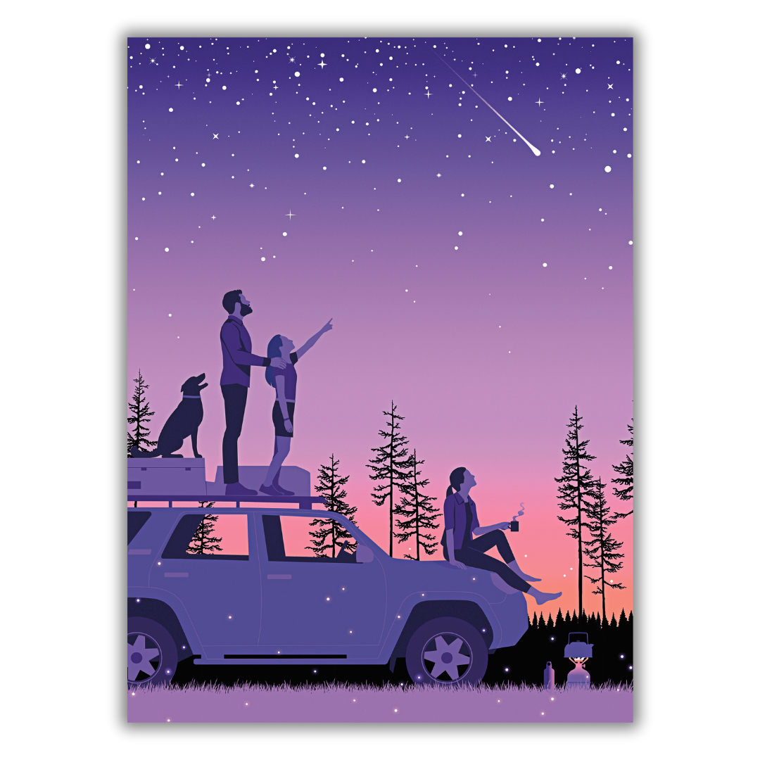 Quadro "Summer Family Trip" di Joey Guidone, un'illustrazione che ritrae una famiglia in viaggio, assorta nell'ammirazione del cielo notturno, con un'atmosfera di avventura e serenità.