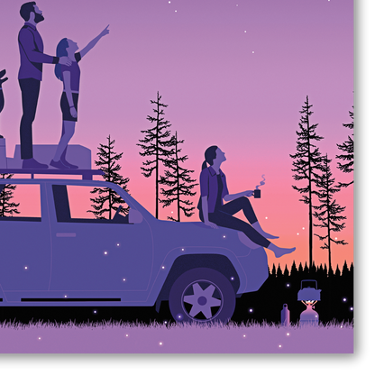 Dettaglio quadro "Summer Family Trip" di Joey Guidone, un'illustrazione che ritrae una famiglia in viaggio, assorta nell'ammirazione del cielo notturno, con un'atmosfera di avventura e serenità.