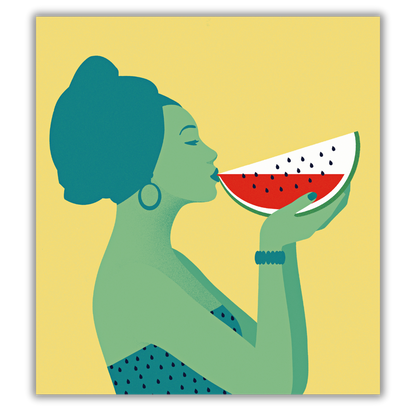 Quadro "Summer Drink" di Joey Guidone, un'illustrazione vivace di una donna che assapora l'anguria, evocando il relax e il sapore dell'estate.