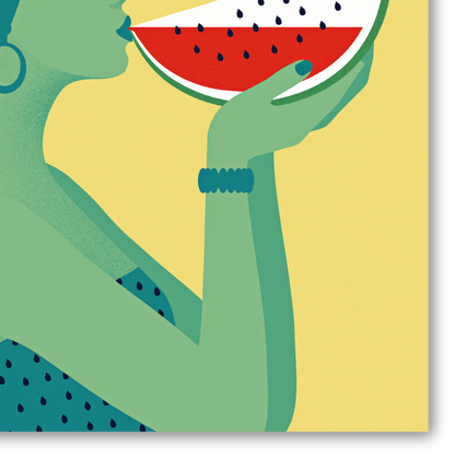 Dettaglio quadro "Summer Drink" di Joey Guidone, un'illustrazione vivace di una donna che assapora l'anguria, evocando il relax e il sapore dell'estate.