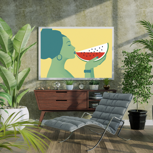 Ambientazione "Summer Drink" di Joey Guidone, un'illustrazione vivace di una donna che assapora l'anguria, evocando il relax e il sapore dell'estate.