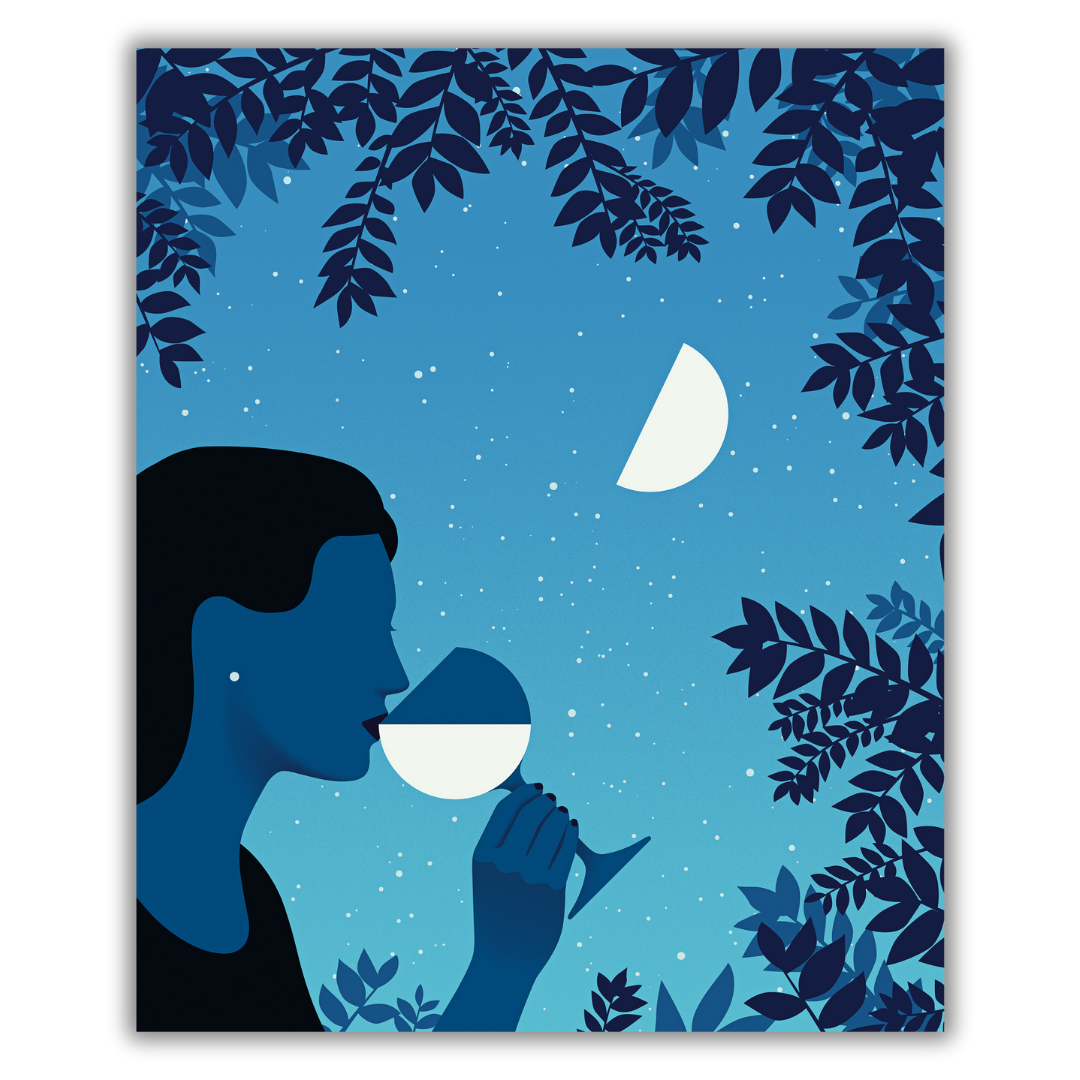 Quadro Illustrazione di Joey Guidone che mostra un profilo femminile in controluce che degusta un bicchiere di vino sotto un cielo notturno stellato, incorniciato da foglie scure.