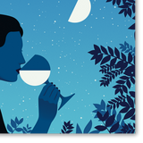 Dettaglio Quadro Illustrazione di Joey Guidone che mostra un profilo femminile in controluce che degusta un bicchiere di vino sotto un cielo notturno stellato, incorniciato da foglie scure.