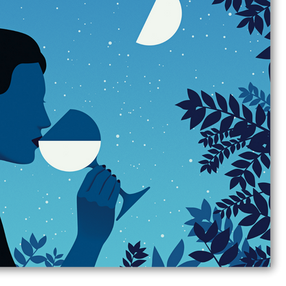 Dettaglio Quadro Illustrazione di Joey Guidone che mostra un profilo femminile in controluce che degusta un bicchiere di vino sotto un cielo notturno stellato, incorniciato da foglie scure.