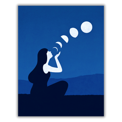 Quadro Opera d'arte 'Moon Phases' di Joey Guidone, con una siluetta femminile che soffia fasi lunari contro uno sfondo notturno.