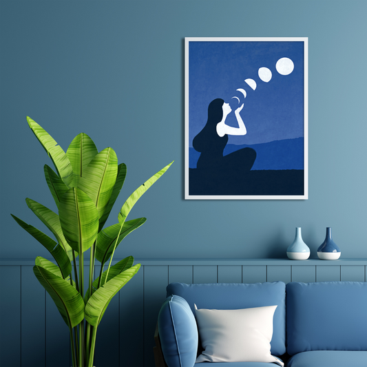 Ambientazione quadro Opera d'arte 'Moon Phases' di Joey Guidone, con una siluetta femminile che soffia fasi lunari contro uno sfondo notturno.