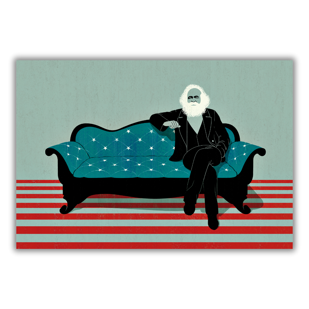 Quadro con Un uomo con barba bianca che ricorda Karl Marx seduto su un divano decorato come la bandiera USA, opera di Joey Guidone intitolata 'Marx in the USA'.