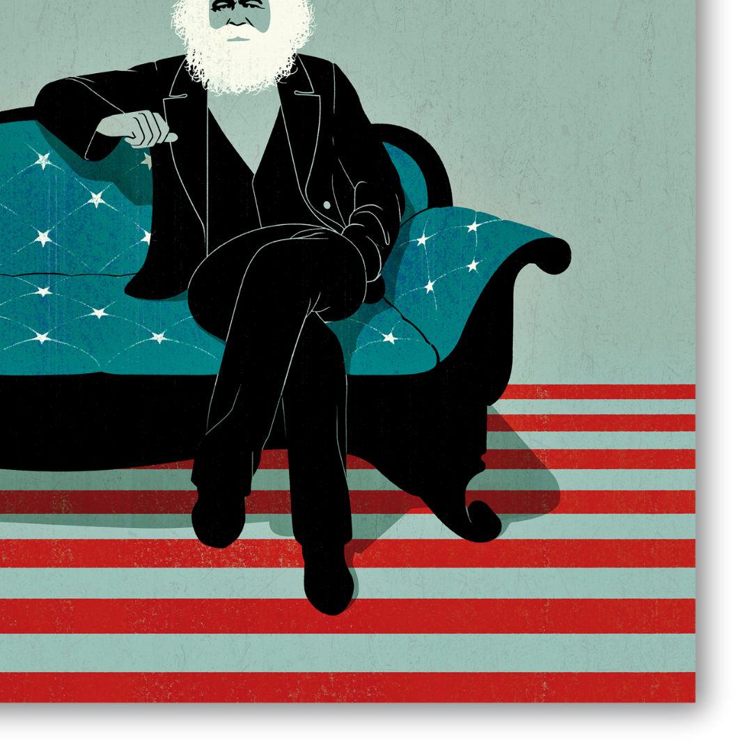 Dettaglio quadro con Un uomo con barba bianca che ricorda Karl Marx seduto su un divano decorato come la bandiera USA, opera di Joey Guidone intitolata 'Marx in the USA'.