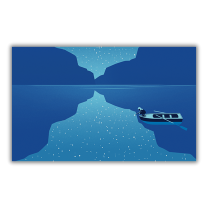 Quadro Opera di Joey Guidone intitolata 'Lake at night', che ritrae una barca solitaria in un tranquillo lago sotto un cielo notturno stellato.