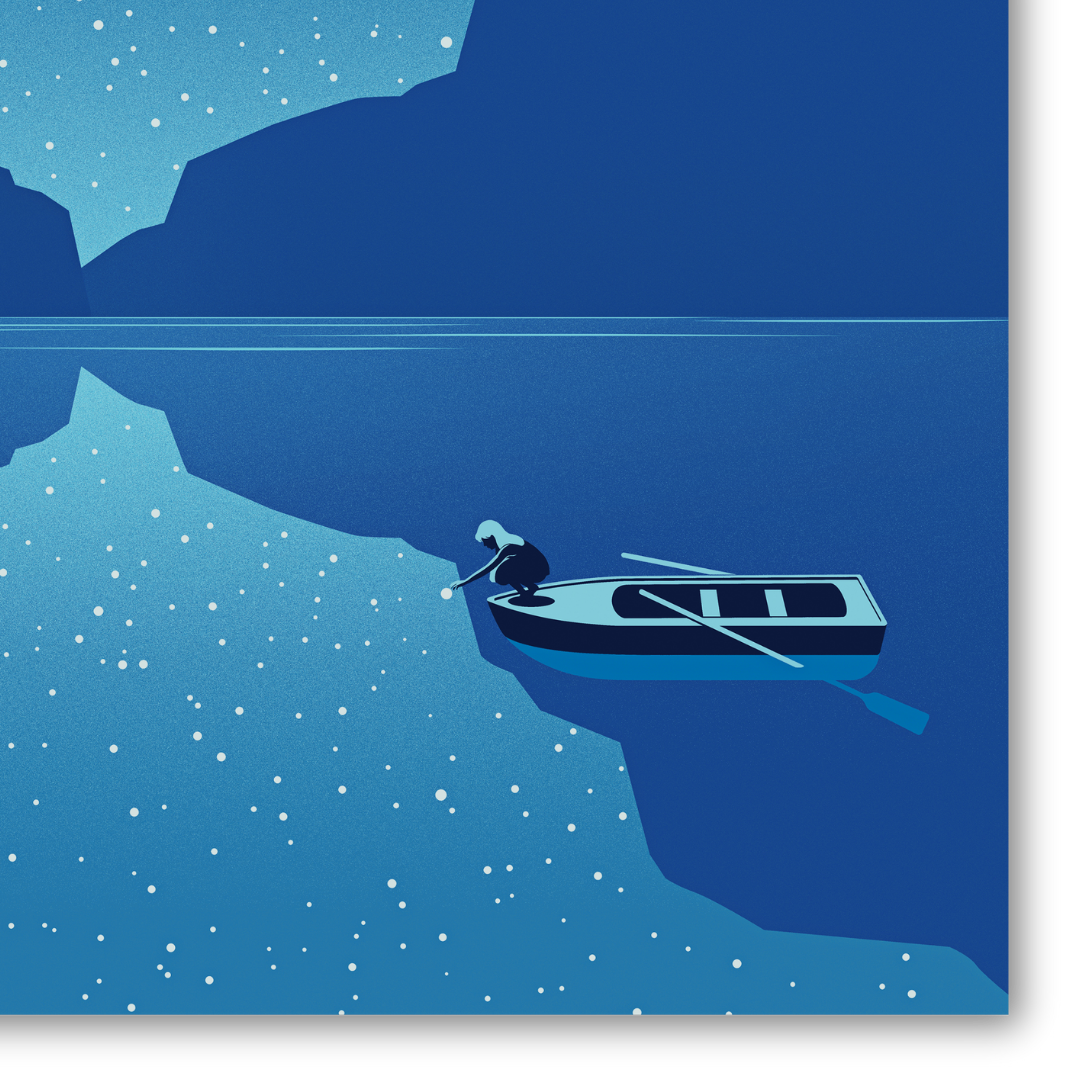 Dettaglio quadro Opera di Joey Guidone intitolata 'Lake at night', che ritrae una barca solitaria in un tranquillo lago sotto un cielo notturno stellato.
