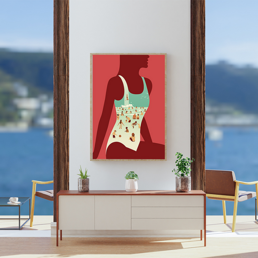 Ambientazione quadro Opera di Joey Guidone intitolata 'Il tuffo', che ritrae una silhouette femminile con una scena estiva piena di vita all'interno del suo profilo.