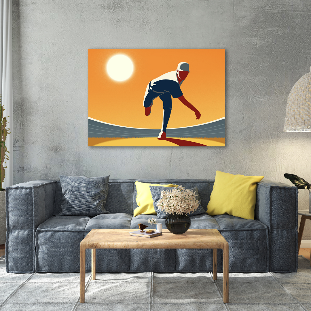 Ambientazione Quadro 'Baseball Pitcher' di Joey Guidone, che mostra un lanciatore in azione al tramonto, esemplifica energia e passione sportiva appeso alla parete