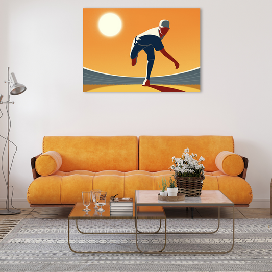 Ambientazione con divano Quadro 'Baseball Pitcher' di Joey Guidone, che mostra un lanciatore in azione al tramonto, esemplifica energia e passione sportiva appeso alla parete