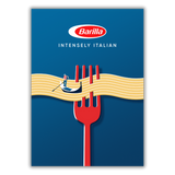 Quadro Illustrazione artistica di Joey Guidone per Barilla, mostrando linguine avvolte attorno a una forchetta con un gondoliere.
