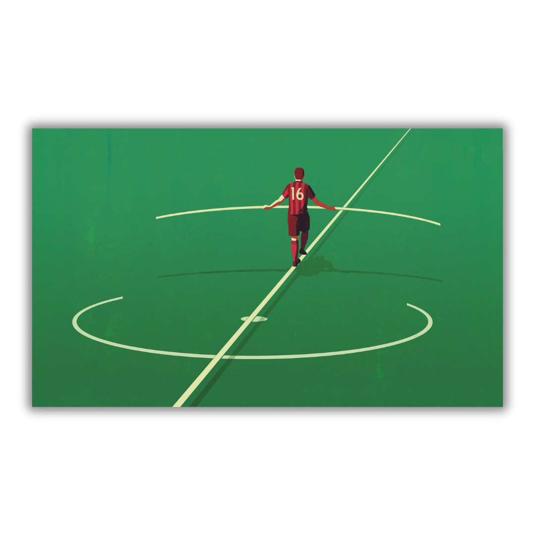 Quadro 'Balancing Act' di Joey Guidone mostra un calciatore in perfetto equilibrio al centro di un campo, simboleggiando controllo e focalizzazione.