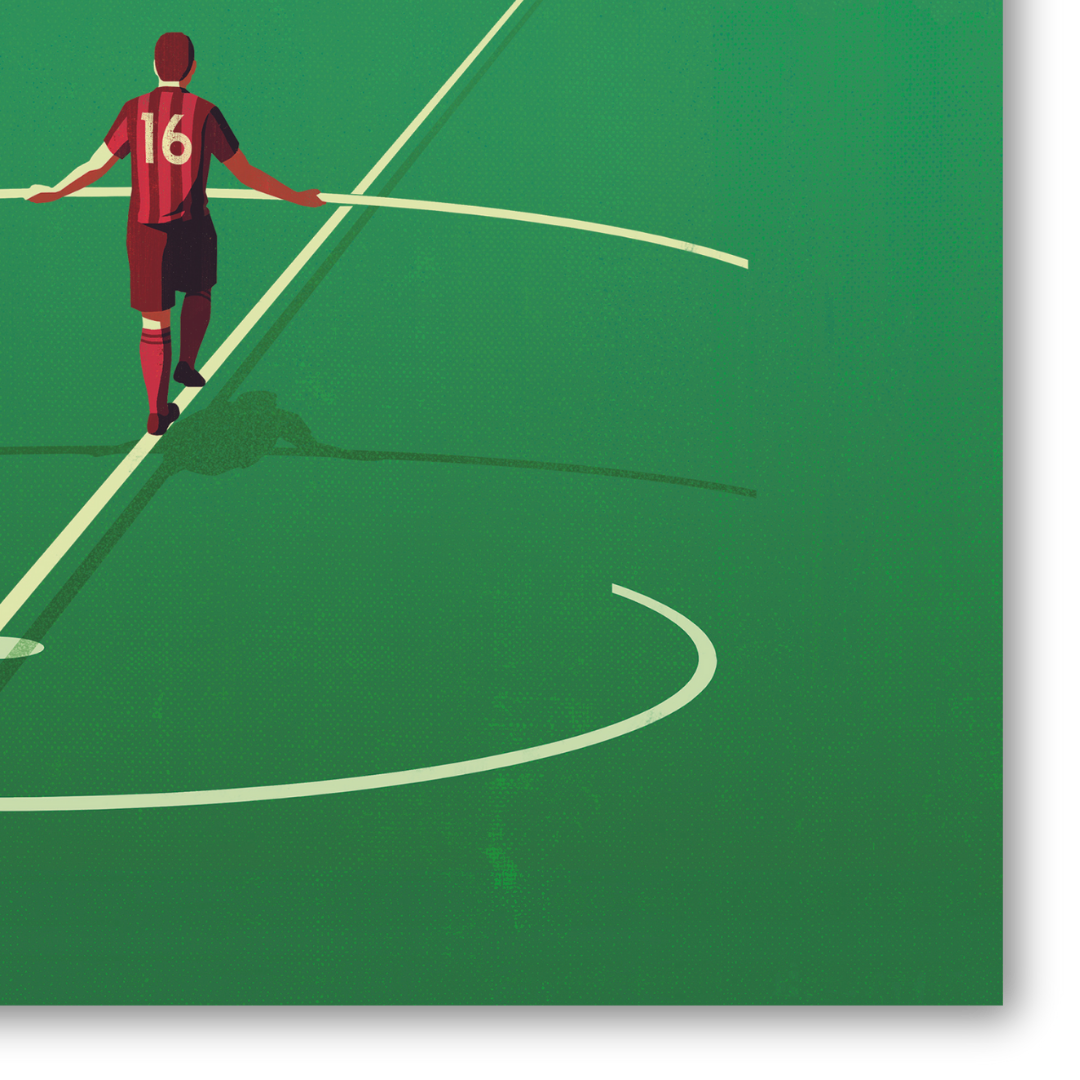 Dettaglio quadro Illustrazione 'Balancing Act' di Joey Guidone mostra un calciatore in perfetto equilibrio al centro di un campo, simboleggiando controllo e focalizzazione.