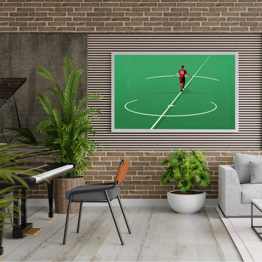 Ambientazione quadro Illustrazione 'Balancing Act' di Joey Guidone mostra un calciatore in perfetto equilibrio al centro di un campo, simboleggiando controllo e focalizzazione.