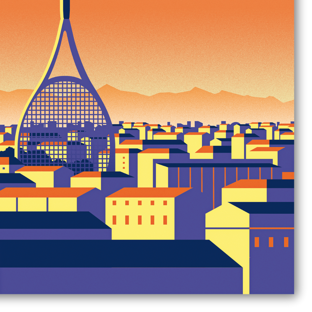Dettaglio Quadro Turin ATP Finals di Joey Guidone, un'illustrazione che rappresenta la Mole Antonelliana al tramonto in una vista cittadina di Torino, simbolo dell'eleganza sportiva e culturale.