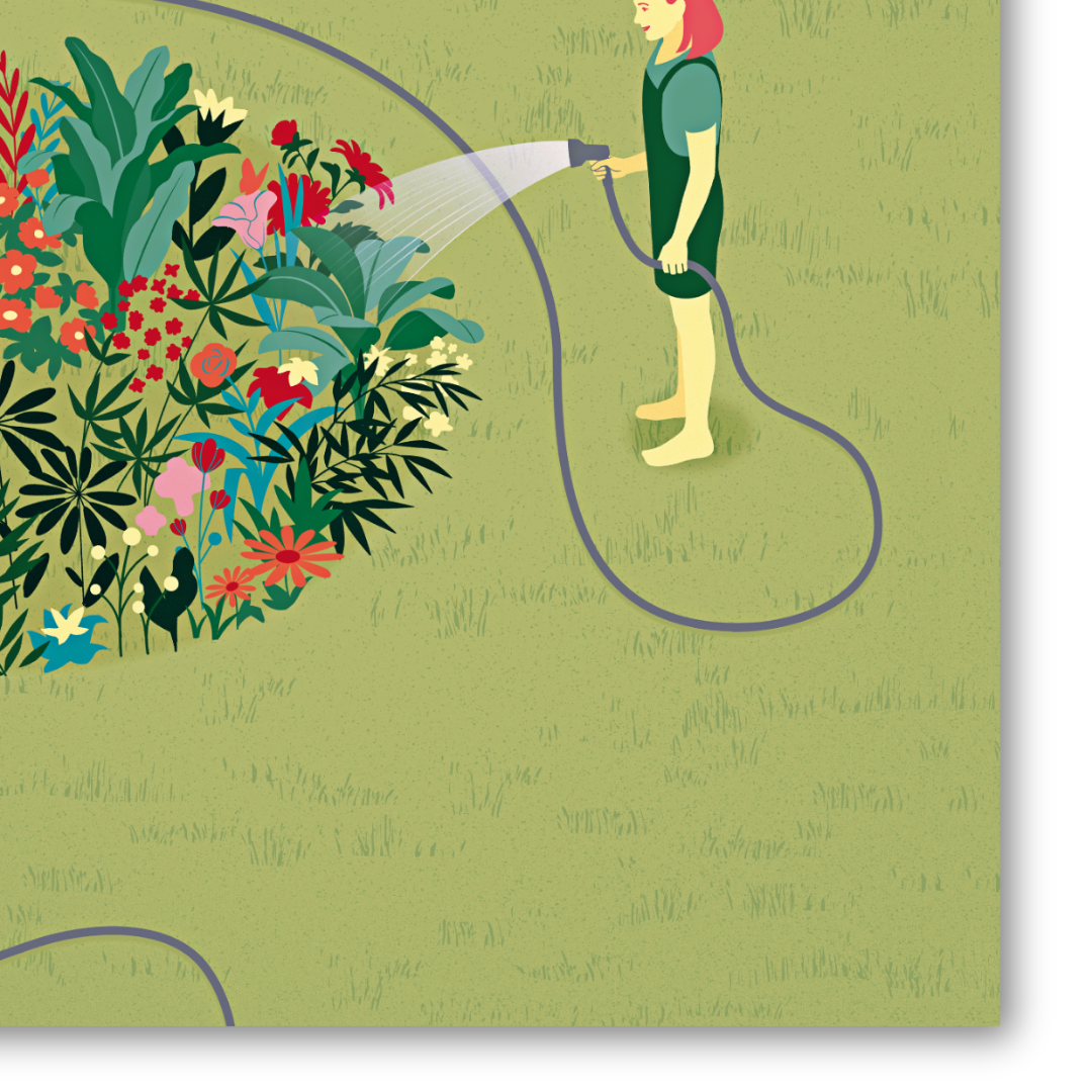 Dettaglio quadro Illustrazione artistica 'Mind Garden' di Joey Guidone, che mostra una donna che innaffia un giardino di fiori colorati all'interno del profilo di una testa umana.