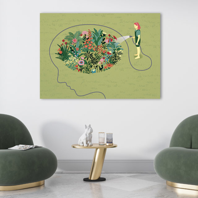 Ambientazione quadro Illustrazione artistica 'Mind Garden' di Joey Guidone, che mostra una donna che innaffia un giardino di fiori colorati all'interno del profilo di una testa umana.