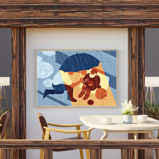Ambientazione quadro Illustrazione artistica di Joey Guidone raffigurante una figura sotto un ombrello in una giornata piovosa, con sfondo di colore arancione e blu.