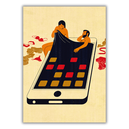 Quadro Technology & Infidelity di Joey Guidone, rappresentazione artistica che incapsula l'impatto della tecnologia sulle relazioni moderne attraverso figure che interagiscono con un gigantesco smartphone.
