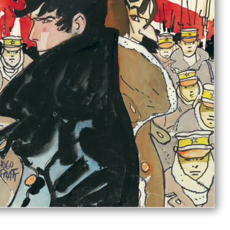 Dettaglio quadro Corto Maltese, eroico e pensieroso, contro un sole radioso che evoca lo spirito dell'Oriente.