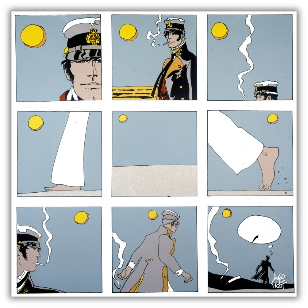 Quadro collage artistico di Corto Maltese in varie pose che catturano momenti di una storia affascinante.