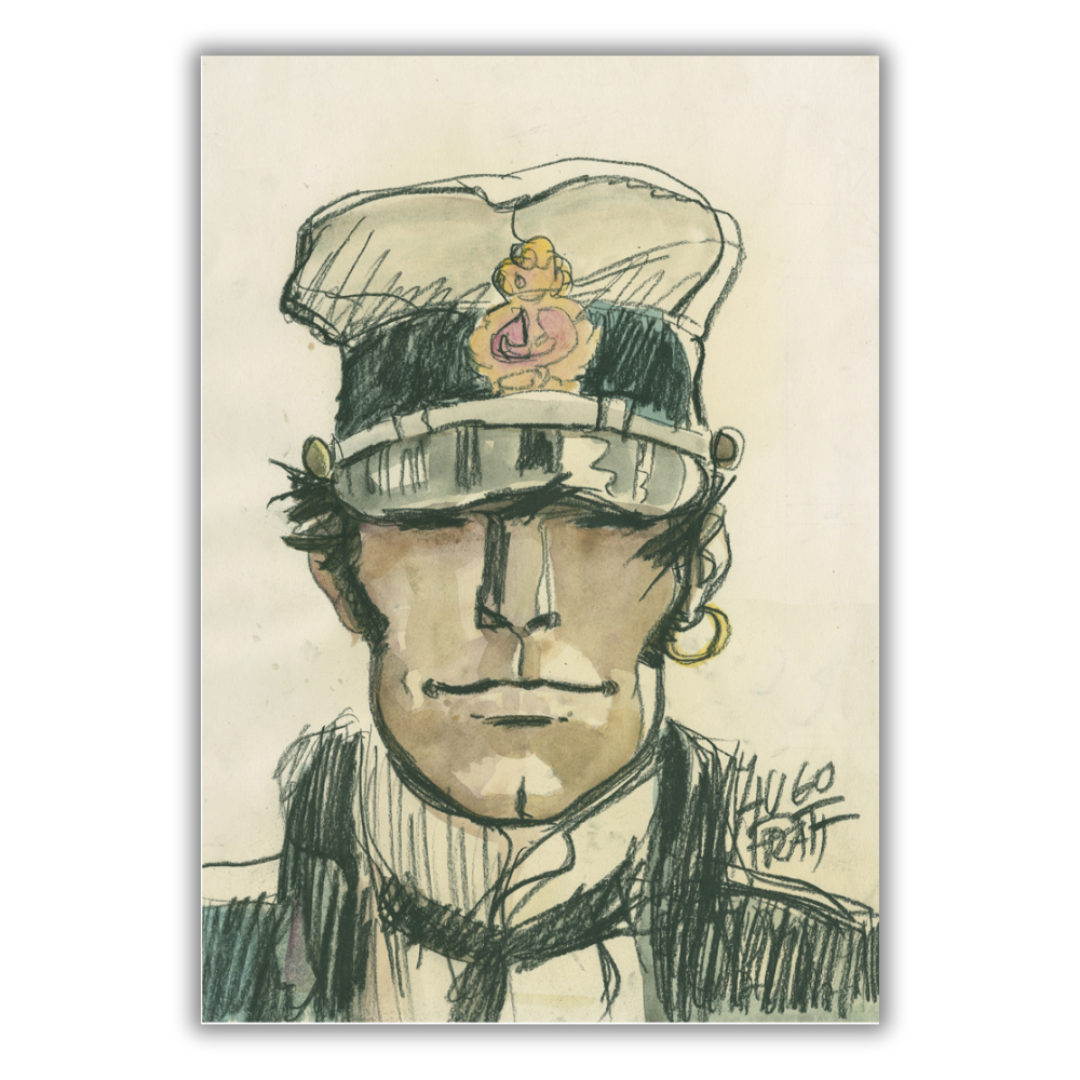 Quadro Ritratto artistico di Corto Maltese che evidenzia la profondità del suo sguardo avventuriero e la caratteristica uniforme marittima.