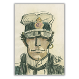 Quadro Ritratto artistico di Corto Maltese che evidenzia la profondità del suo sguardo avventuriero e la caratteristica uniforme marittima.