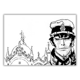 Quadro Corto Maltese ritratto con sullo sfondo la silhouette di Venezia, arte narrativa in bianco e nero.