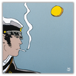 Opera di Hugo Pratt 'Striscia di Fumo' con l'immagine stilizzata di Corto Maltese su sfondo astratto, evocando avventura e mistero.