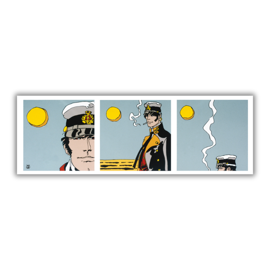 Quadro artistico 'Striscia di Fumo' con l'immagine stilizzata di Corto Maltese su sfondo astratto, evocando avventura e mistero.