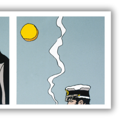 Dettaglio Quadro artistico 'Striscia di Fumo' con l'immagine stilizzata di Corto Maltese su sfondo astratto, evocando avventura e mistero.
