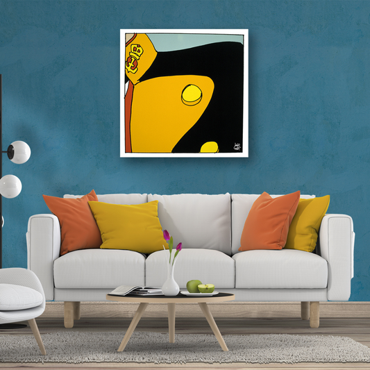 Ambientazione Quadro Stampa artistica minimalista raffigurante il bavero giallo e nero di Corto Maltese, simbolo di avventura e stile.