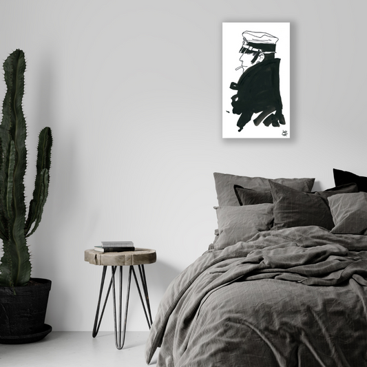 Ambientazione Arte di profilo in bianco e nero di Corto Maltese, evocativa e stilizzata.