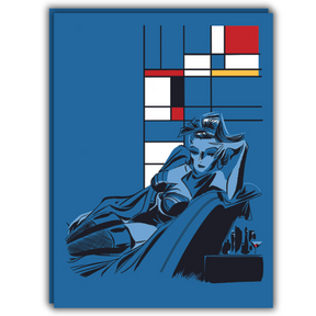 Quadro Serigrafia 'Thinking of You' di Antonio Lapone, con figura in blu che riflette tra note di jazz e design moderno.