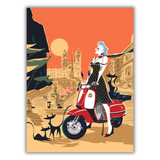 Quadro Serigrafia esclusiva 'Roma in Vespa' di Antonio Lapone, con elegante figura su scooter classico e sfondo di monumenti romani.