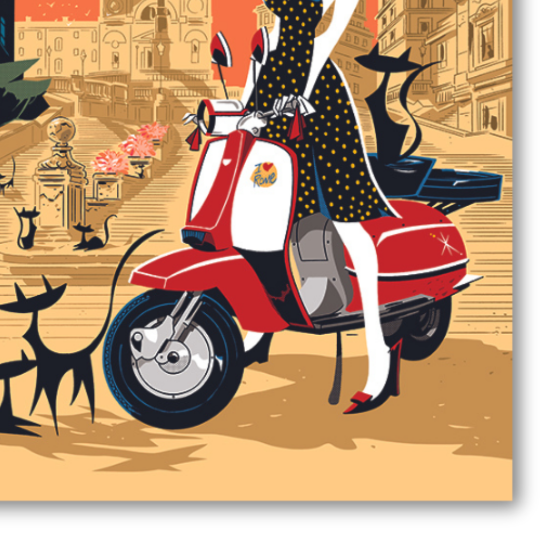 Dettaglio quadro Serigrafia esclusiva 'Roma in Vespa' di Antonio Lapone, con elegante figura su scooter classico e sfondo di monumenti romani.