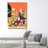 Ambientazione Serigrafia esclusiva 'Roma in Vespa' di Antonio Lapone, con elegante figura su scooter classico e sfondo di monumenti romani.