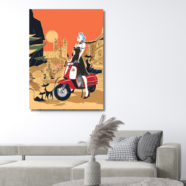 Ambientazione Serigrafia esclusiva 'Roma in Vespa' di Antonio Lapone, con elegante figura su scooter classico e sfondo di monumenti romani.