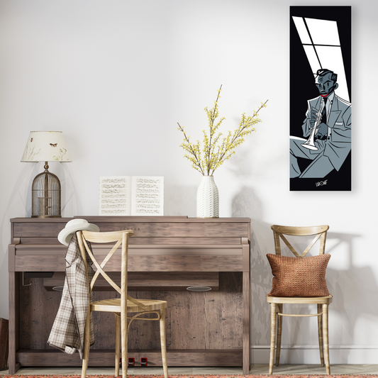 Ambientazione quadro con pianoforte Opera d'arte in b/n 'Trombettista in Blu' di Antonio Lapone, rappresentazione stilizzata di un musicista jazz, perfetta per amanti dell'arte moderna e musica.