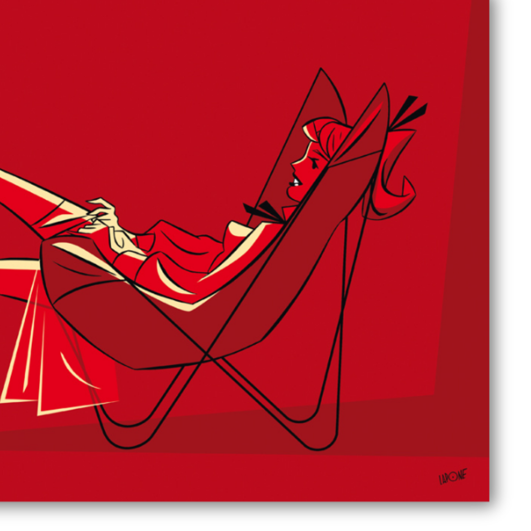 Dettaglio Quadro 'Femme Rouge' di Antonio Lapone, donna stilizzata su sfondo rosso, espressione di eleganza e fascino moderno.